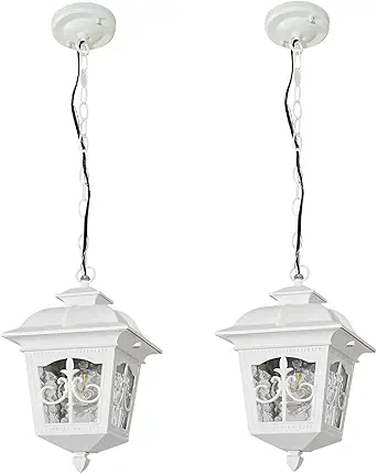 White Outdoor Pendant Light, Porch Foyer Entryway Entrance Patio Farmhouse Aluminum Hanging Lantern Waterproof Outside Hanging Light Exterior Chandelier Light with Adjustable Chain(2 Pack)