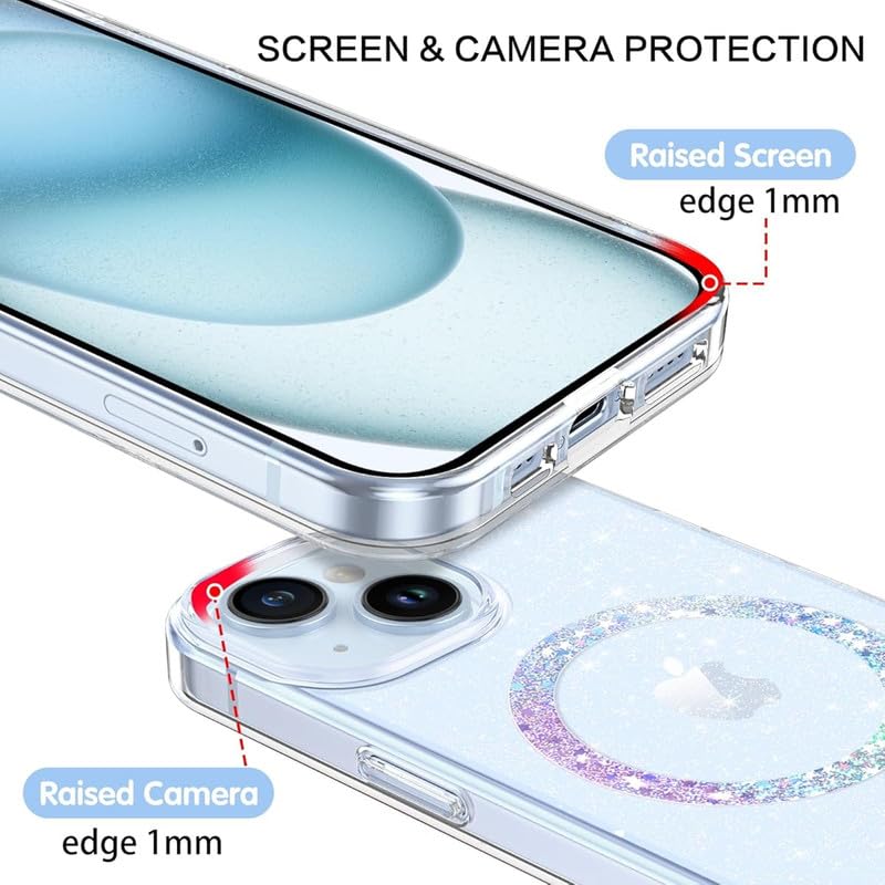Image of COVERLY Minimalist Magnetic Glitter for iPhone 15 Pro Max Case,Clear Crystal Bling Phone Case [Compatible with Mag-Safe] Shockproof Cute Women Girl Protective Cover for iPhone 15 Pro Max, Blue Shimmer