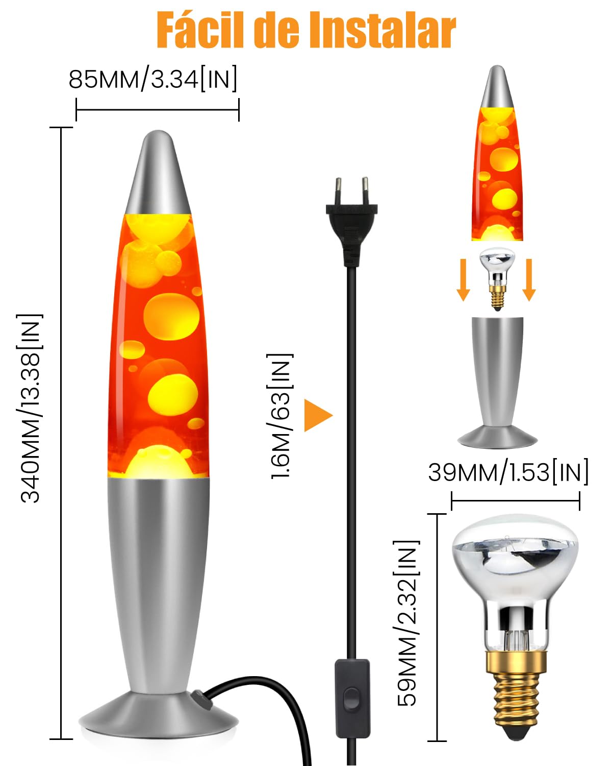 DoRight Lámpara de Lava Clásica Cera Amarilla/Aluminio Líquido Rojo Lámpara de Lava de Movimiento para una Relajación Pacífica, 13.38 Pulgadas, con 2 Paquete R39 25W E14 Bombilla de Lámpara de Lava