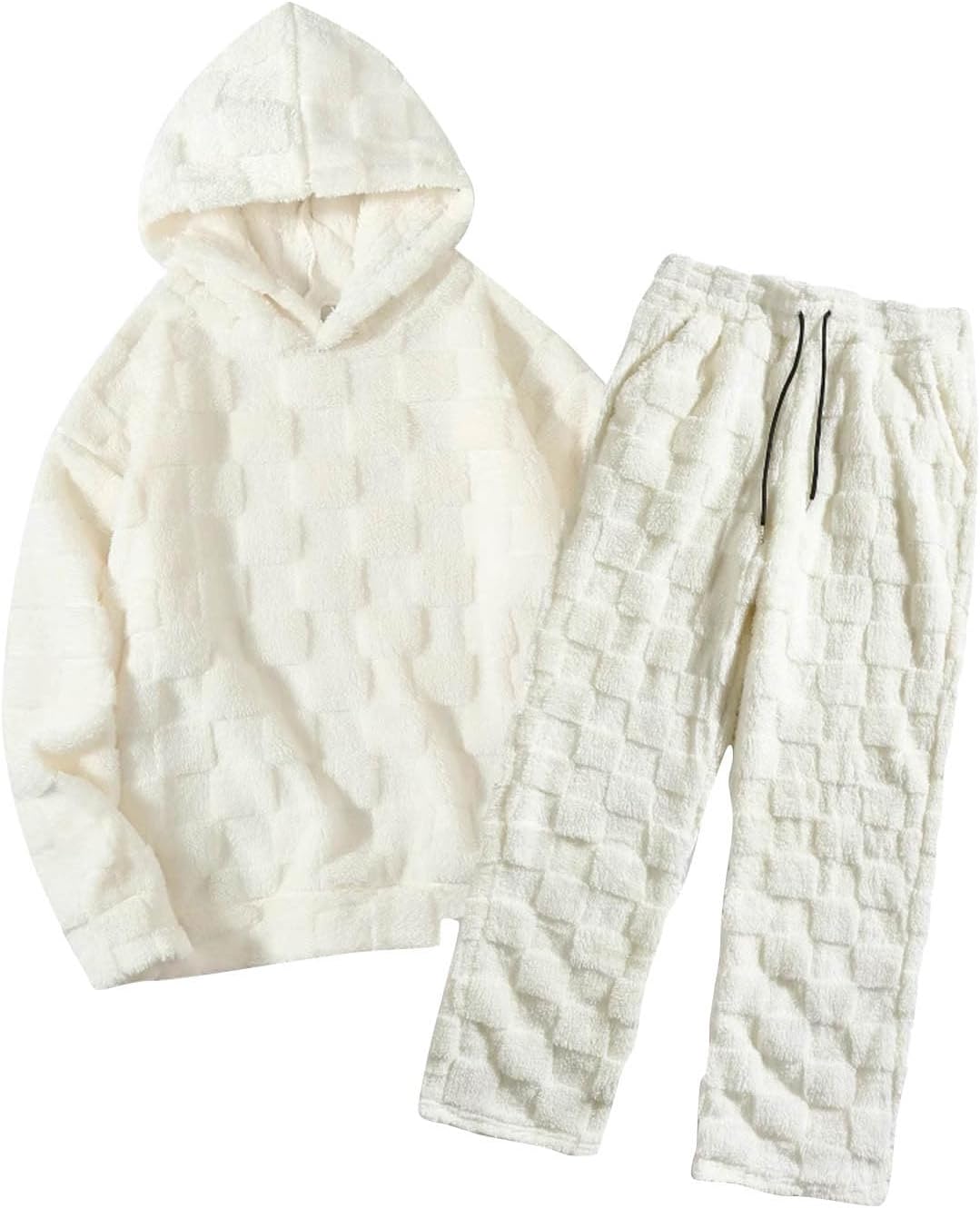 Mens Fleece Lined Track Suits 2 Piece Sets Fuzzy Sherpa-Lined Hooded Sweatshirt and Pants Plaid Loungewear Sleepwear