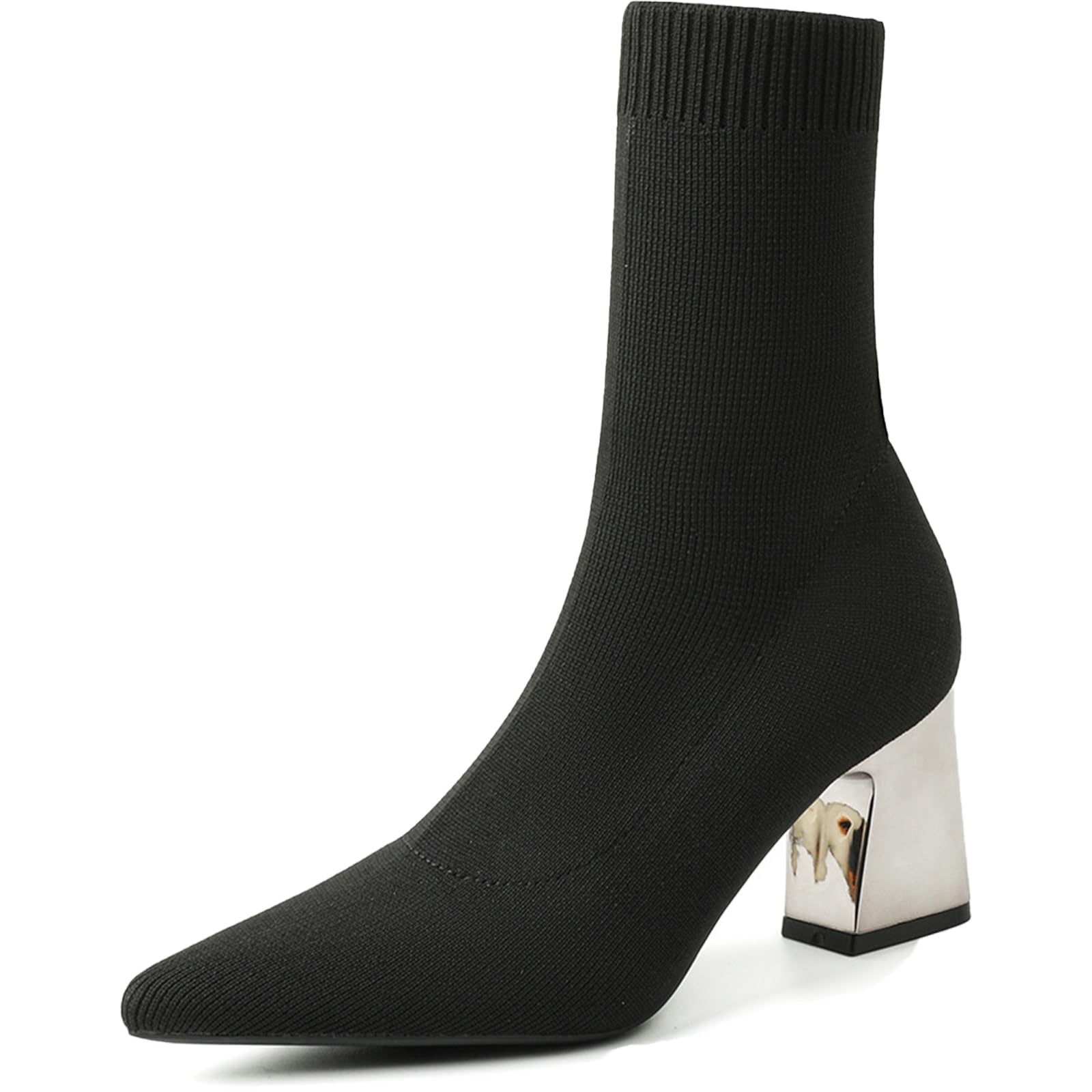 Elastic Sock Boots for Womens Sexy Pointed Toe Knit Chunky Heel Chelsea Ankle Boots Stretch Mesh Slim Fit