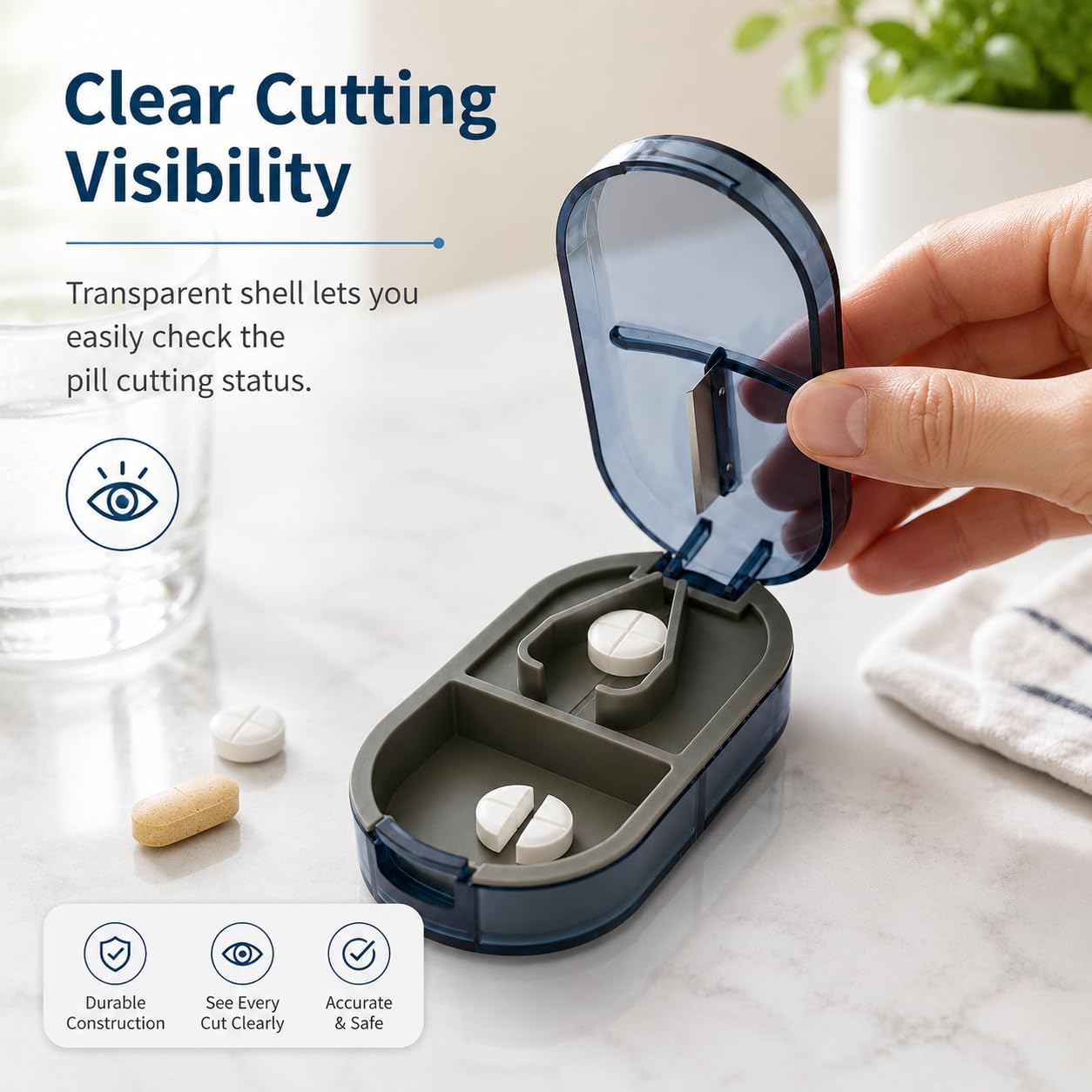 Pill Cutter Splitter for Small, Tiny & Large Pills, BPA-Free Tablet Cutter with Removable Silicone Pad, Safe Stainless Steel Blade, Travel Size Pill Splitter for Vitamins and Tablets