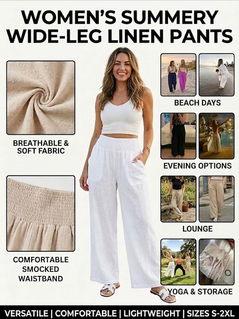 Famulily Pantalon d'été de couleur unie pour femme, coupe ample, décontracté, en lin, jambes larges avec poches, tailles S à 2XL