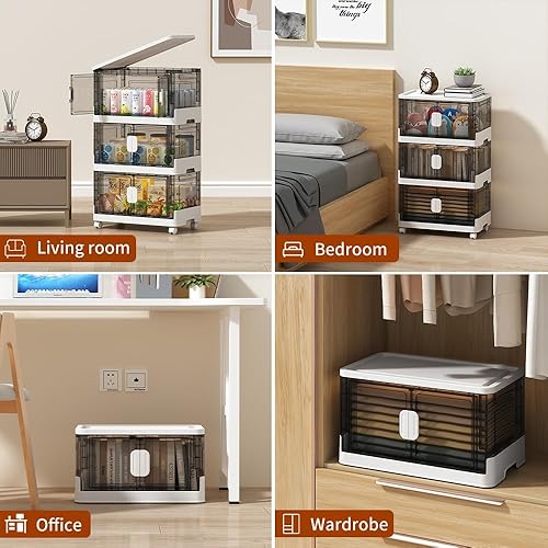 Miniatura 5 de VANDHOME Armario de almacenamiento plegable de 3 capas con tapas, puertas y ruedas, organizador de plástico, organizadores de armario, estante de