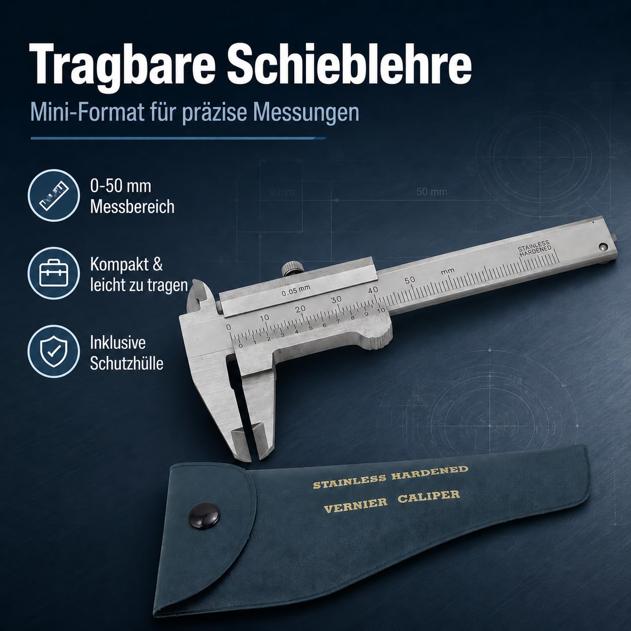 Messschieber Edelstahl Tragbar - 0-50mm Präzisions-Messwerkzeug mit 4 Messmodi, Doppelskala (mm/Zoll), Für Schmuck, Münzen, Antiquitäten, Studenten