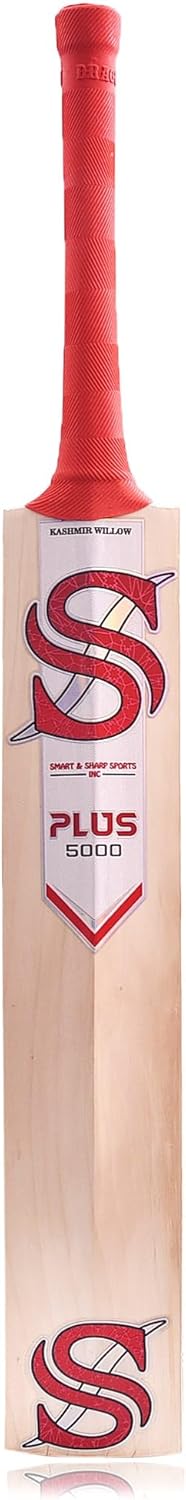 Smart & Sharp Plus 5000 Cricket Bat, Kashmir Willow, Full Size, Red Handle with Cover