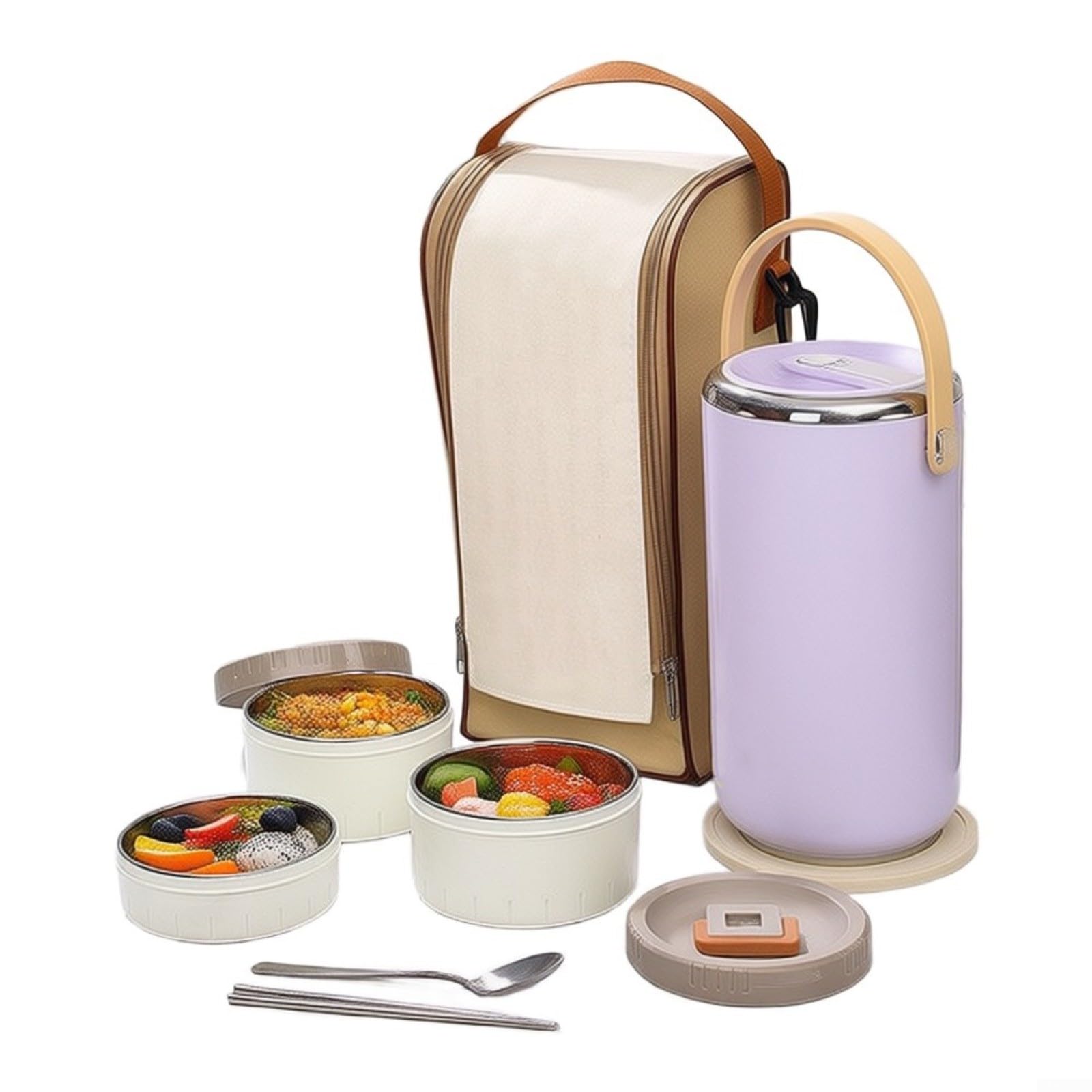 Lonchera de acero inoxidable de 3 niveles aislada al vacío, contenedor de alimentos fríos y calientes de 8 horas, juego a prueba de fugas con bolsa de transporte (morado)