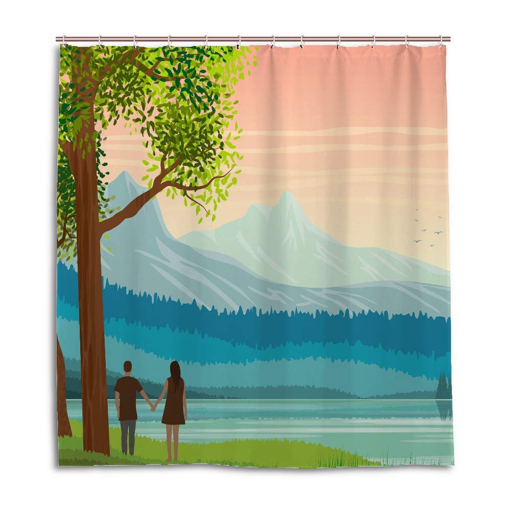 Rideau de douche paysage idyllique CHEHONG en polyester lavable 182x183 cm avec crochets en C
