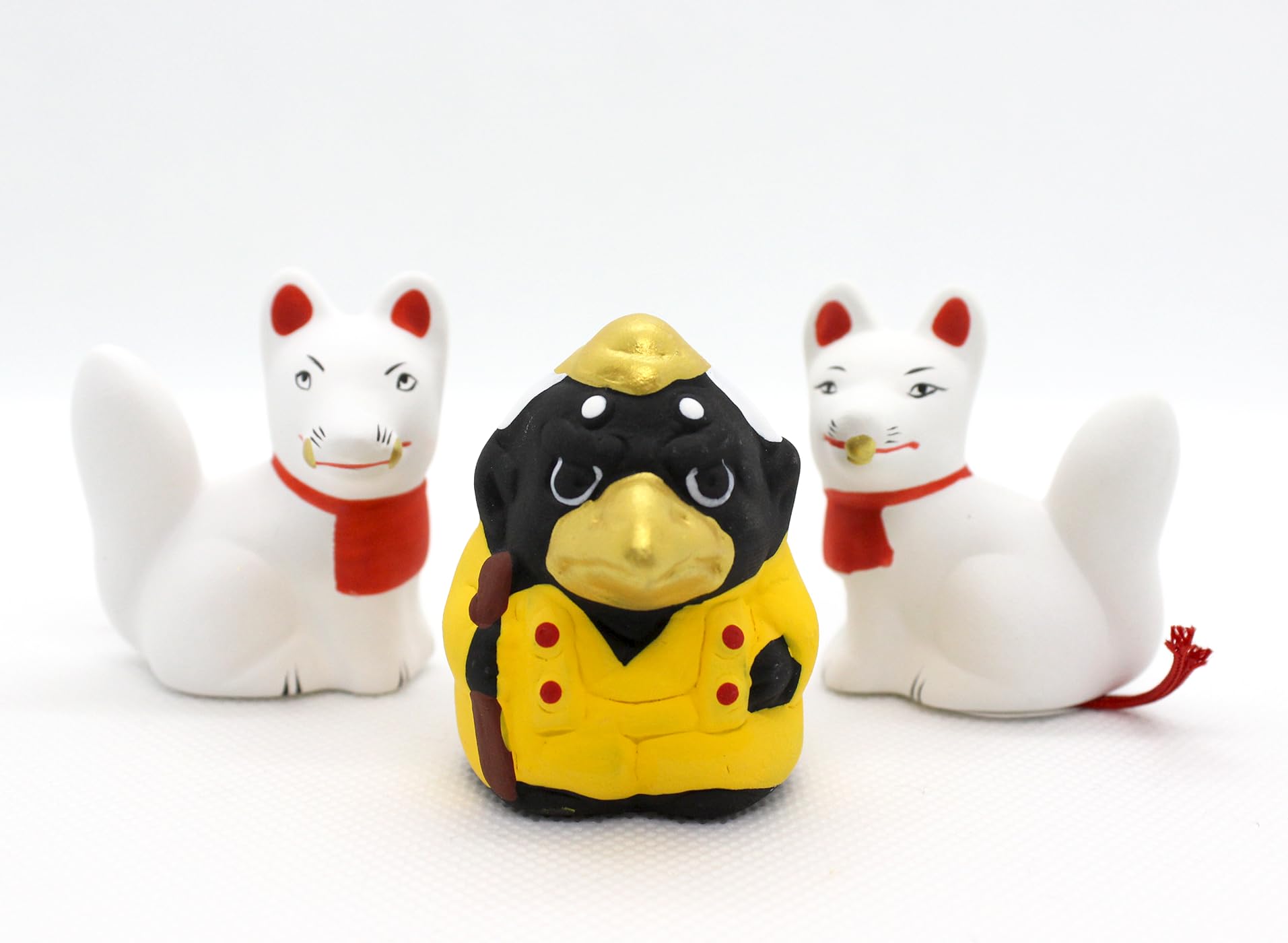 Figura de cerámica tradicional japonesa, decoración de muñeca para la buena suerte (Yokai 2 zorros, 1 cuervo)