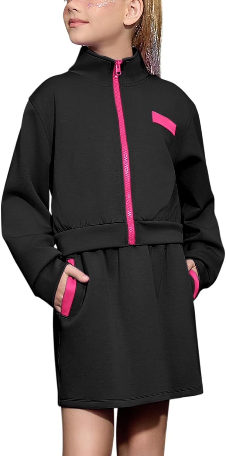 CHILDRENSTAR Girls Zip Up Sweatshirts and Skirt Sets 2 Pieces Fall Outfit Color Block Activewear Skorts For Kids