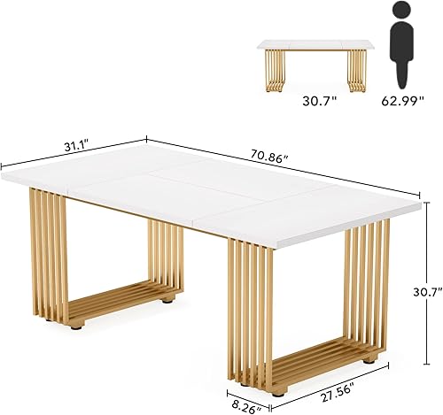 Vista 2 de Tribesigns Mesa de Comedor Moderna para 6-8 Personas, 70.8 Pulgadas de Largo, Cuarto Cocina Blanco, Cocina de Madera con Patas de Metal Dorado