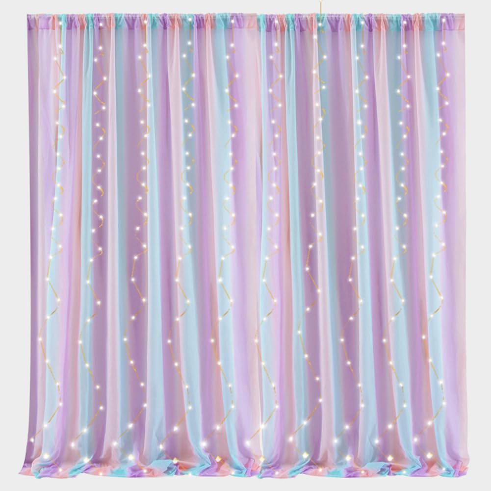 Arco Iris Cortinas Transparentes para el Dormitorio/Fiesta temática/Boda, Cortinas de Visillo con Bolsillo para Varilla 84 Pulgadas (Rainbow(with Lights), W59xL84inch/2 Panel)