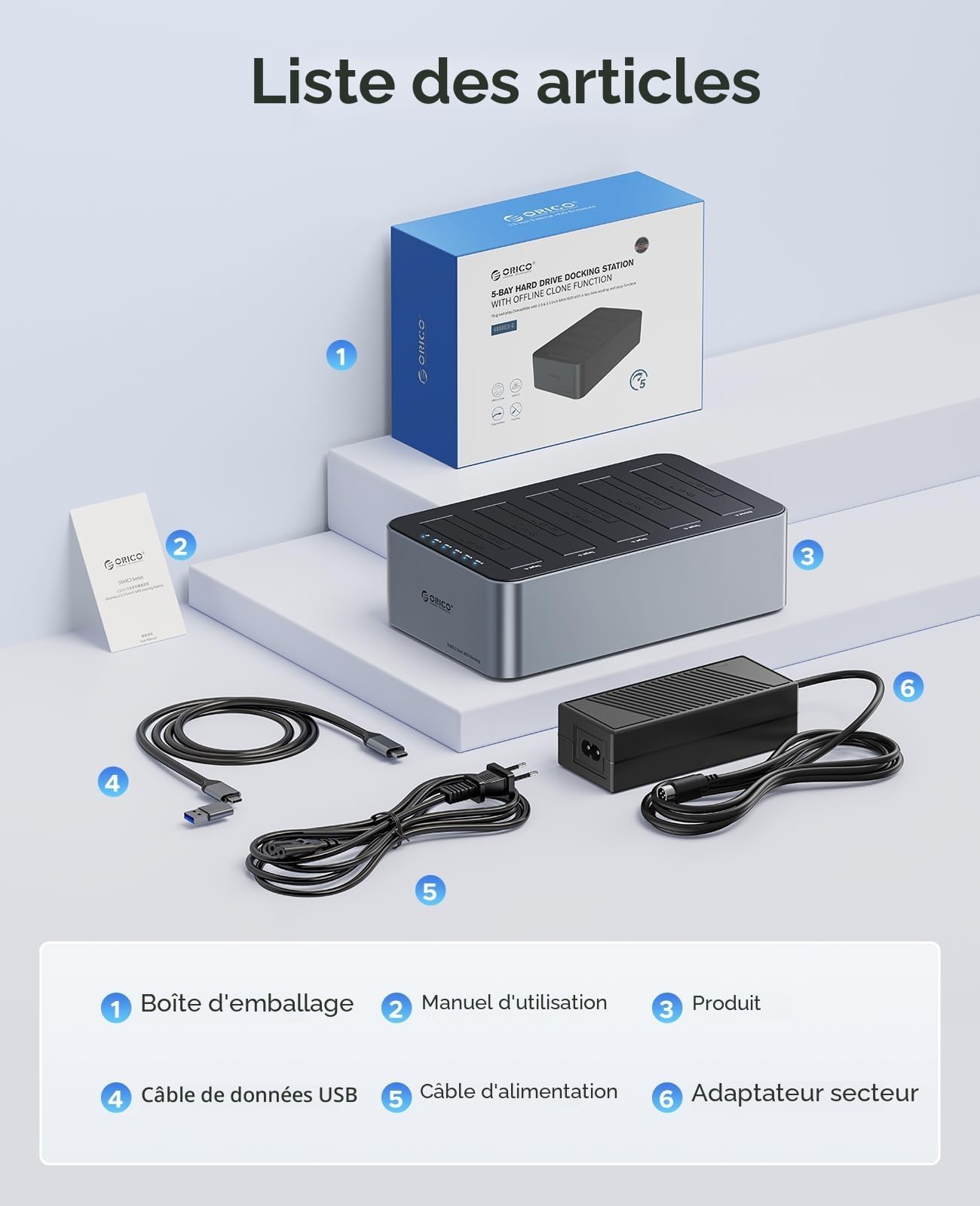 ORICO Aluminium Clone 5 Baies Dock pour Disque Dur, USB C Stations d'accueil pour Disque Dur pour SATA de 2,5/3,5" SSD/HDD jusqu'à 20 to, Clonage Hors Ligne Dock (6656C3-C)