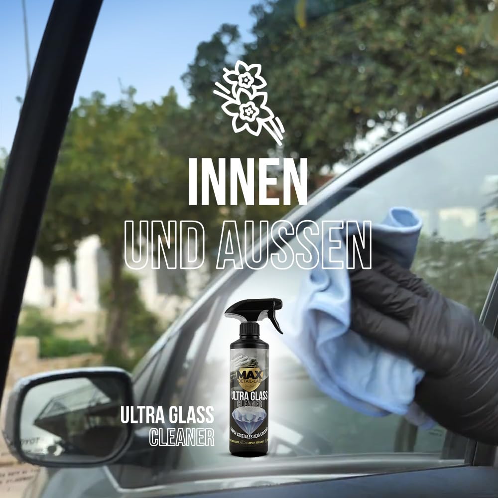 MAX DETAIL-LAB - Ultra Glass - Glasreiniger Auto Scheibenreiniger, Entfettungsformel, Saubere und Glänzende Scheiben, Regenabweiser, Fensterreiniger Innen Aussen, Detailing Car Cleaning Set, 500ml