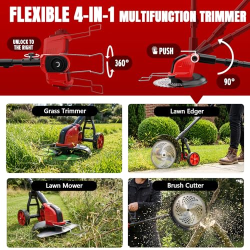 Image of 20000 RPM Electric Weed Wacker with Wheel,12″ Brushless Cordless Weed Eater Battery Powered,4-in-1 Brush Cutter /String Trimmer /Grass Edger /Tiller for Garden,Weed Trimmer,2 Battery (Red)