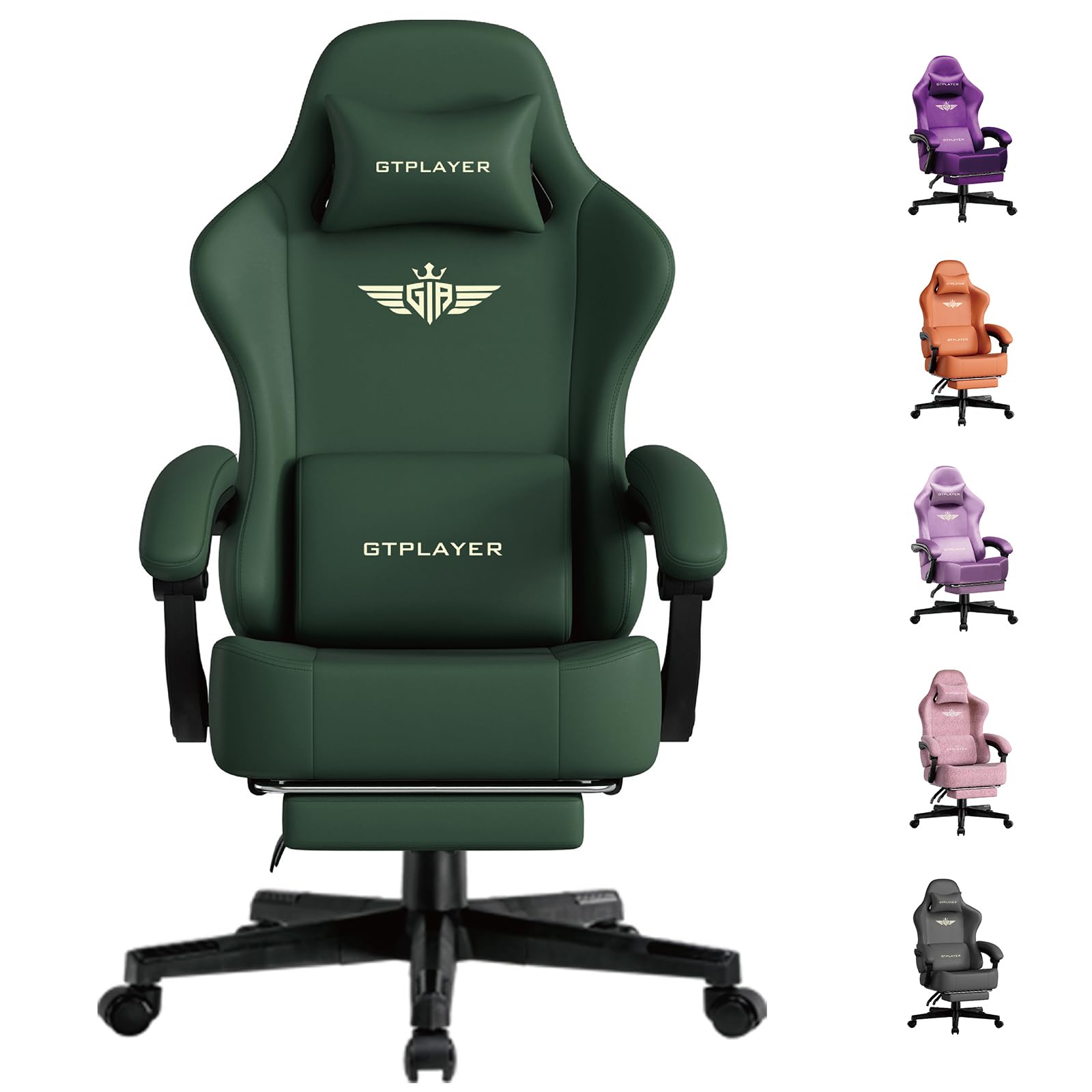 GTPLAYER Gaming Chair, Ergonomic Computer Chair with Footrest and Lumbar Support Height Adjustable Home Office with 360°-Swivel Seat and Headrest Green