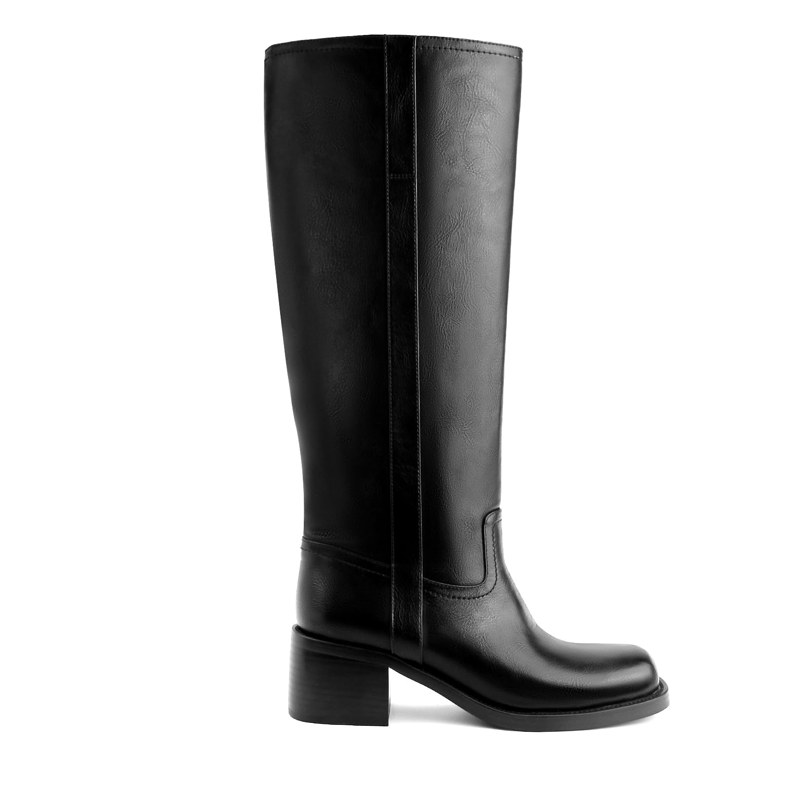 Gothictor Women's Banana Knee High Boots Square Toe Chunky Block Heel Comfortable Low Heel Pull on Wide Calf Riding Long Boots for Women