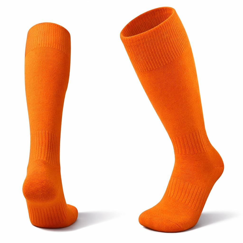 1STLY FITNESS - Socks Knee High 1 Pair Large SIZE 7-13, EU38 - EU44 Adults Soccer Football Hockey Rugby Sports Sweat Wicking Slip Proof Plain Colours (Orange)