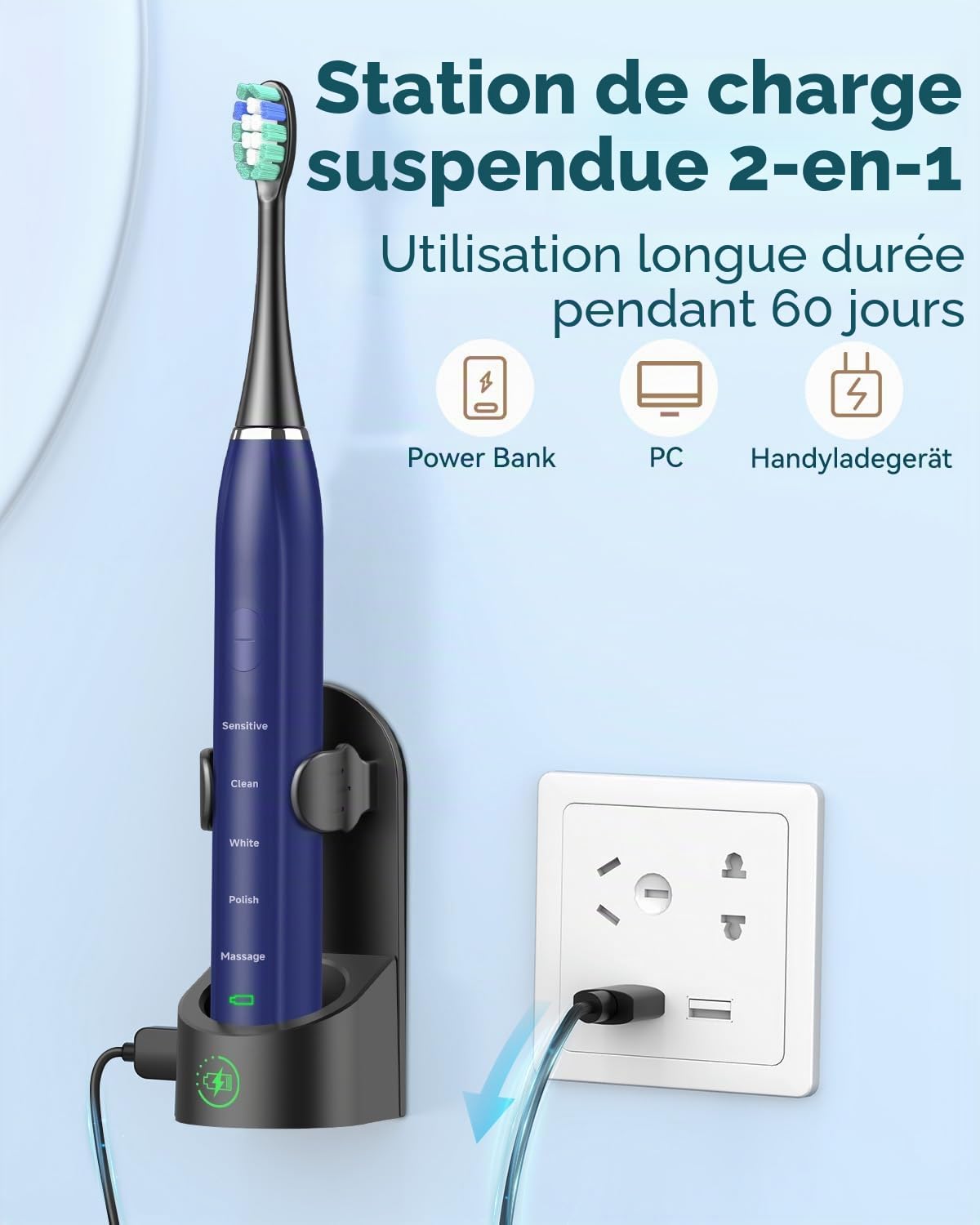 Brosse à dents électrique sonique pour adulte - Brosse à dents électrique à ultrasons avec étui de voyage et station de charge - Avec 8 têtes de brosse, 5 modes de brossage - 40 000 VPM