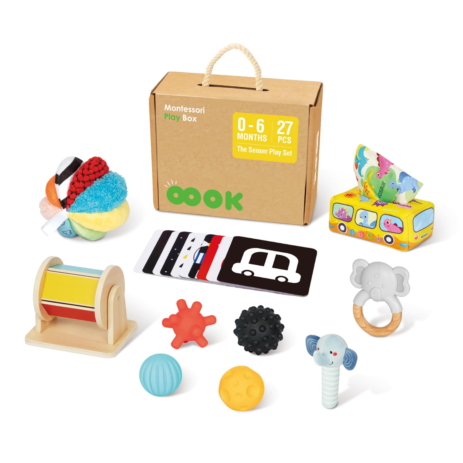 Montessori Toys for Babies 0-6 Months, 7 in 1 Newborn Baby Toys with Spinning Drum, Rainbow Fabric Ball, Tissue Box Toy, Sensory Balls, Contrast Cards and More, Great Educational Toy as Baby Gift