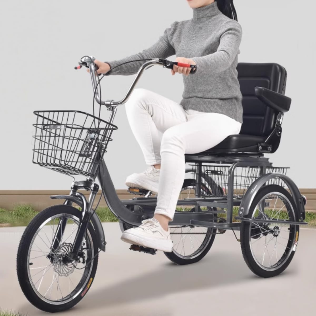 Triciclo para adultos con asiento ajustable y respaldo plegable, horquilla delantera hidráulica para un paseo suave, ideal para ocio y ejercicio