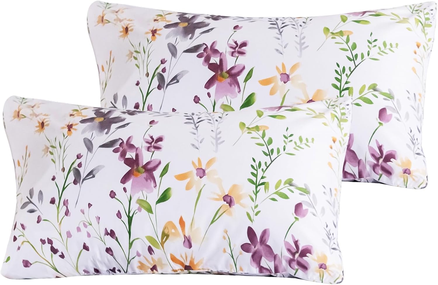 QSH 100% Egyptian Cotton Floral King Pillow Cases Set of 2, Yellow Flowers Botanical Print Pattern Luxury Bedding Shams, Envelope Closure Covers (20"x36")