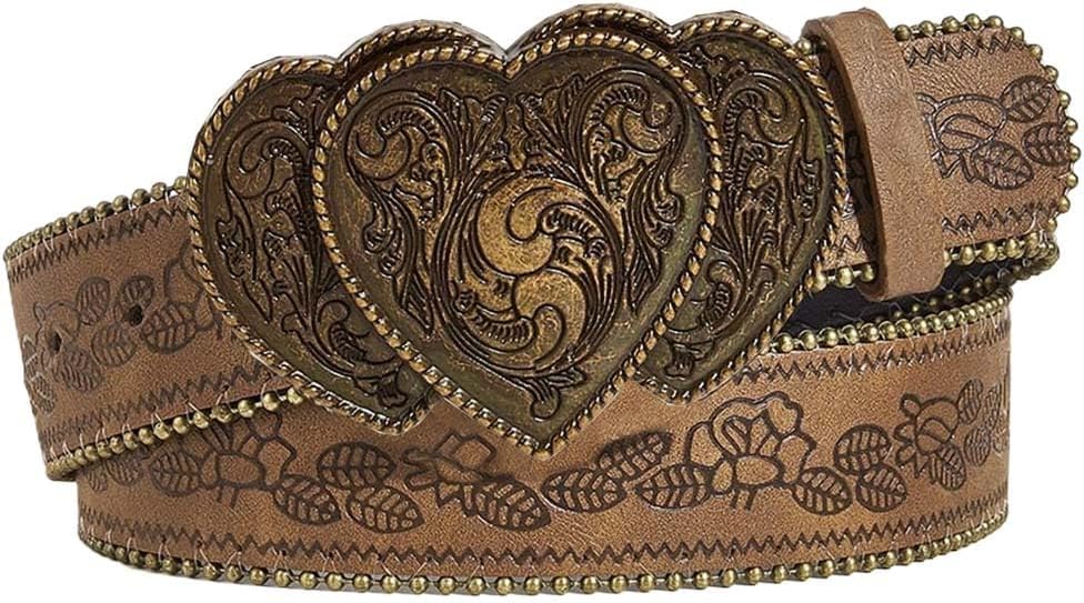 Vintage brown western belt with heart buckle for women pants