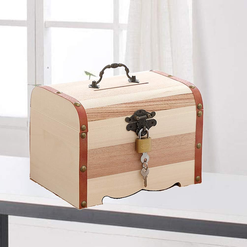 NUOBESTY Kids Jewelry Organizer Mini Wooden Treasure Box Jewelry Storage Box Piggy Bank Keepsake Boxes Storage Trunk Decorative Medieval Chest Organizer for Kids - Size S (Pattern of Lock is Random) : Toys & Games