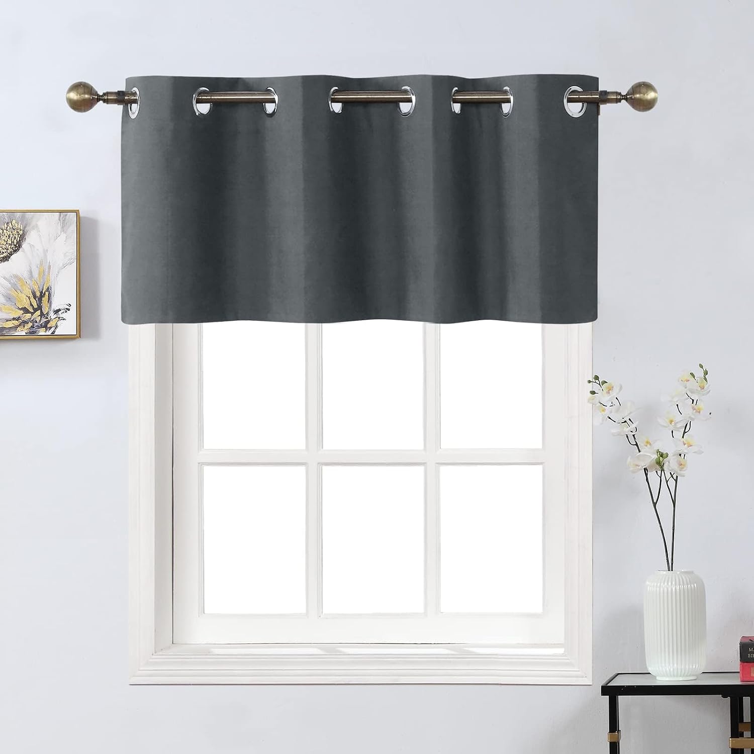 Home Queen Grommet Blackout Curtain Valance Window Topper for Living Room, Short Cafe Valence, Set of 2, 54 W X 18 L Inch, Charcoal