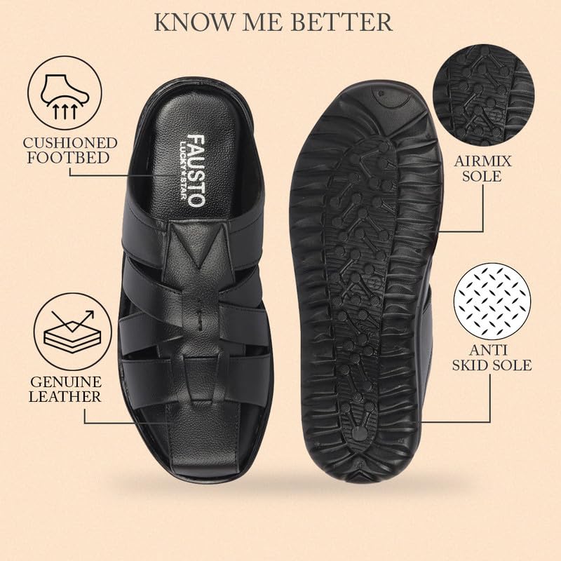 FAUSTO FST FOSMS-2063 BLACK-42 Men's Black Genuine Leather Criss Cross Strap Back Open Slip On Closed Toe Dress Sandals (8 UK) 1