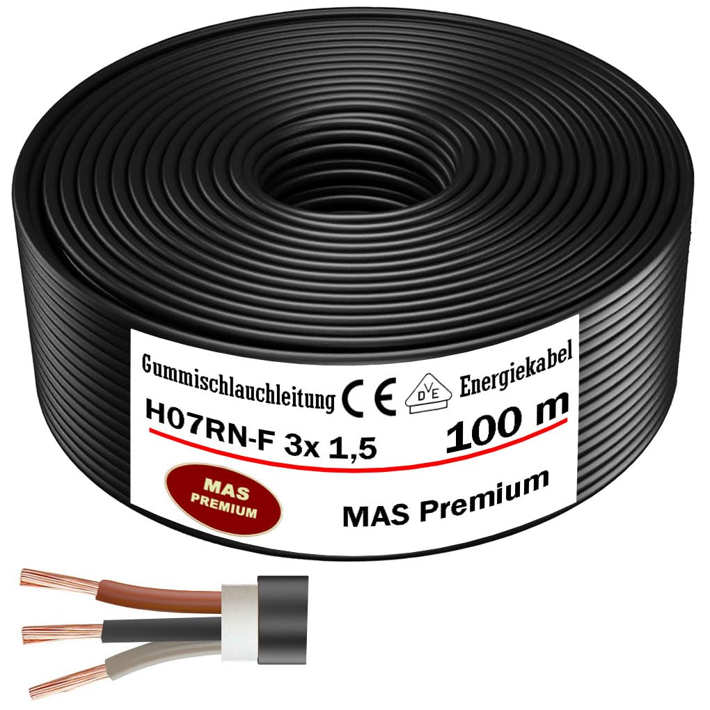 MAS Premium H07RN-F - Cable de manguera de goma (5-100 m, H07RN-F 3G 1, 3G 1,5, 3G 2,5, 3G 4, 3G 6, 3G 10 o 3 x 1,5, cable flexible para dispositivos pesados (H07RN-F 3 x 1,5 mm², 100 m)
