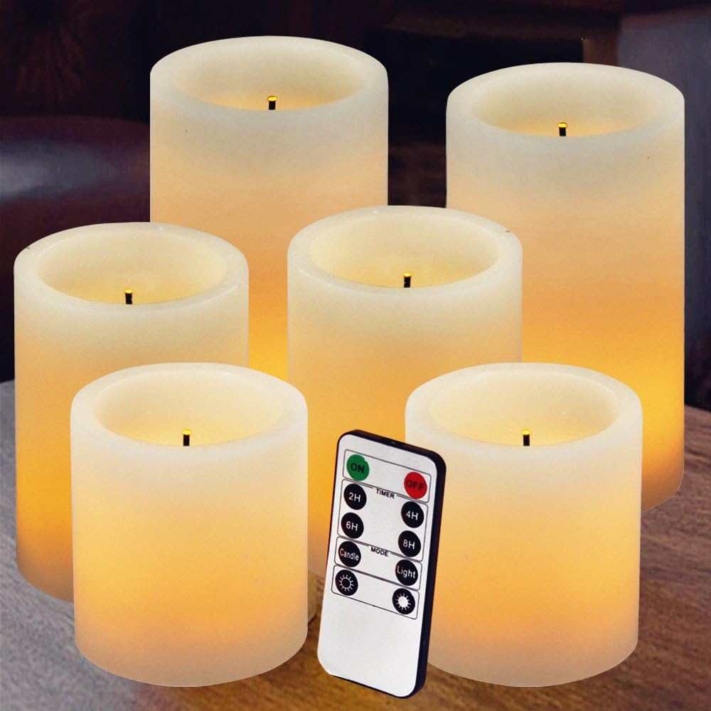 Flameless Candles -Battery Candles-Battery Powered Classic Pillar Optical Fiber Wick Real Wax Candle Set (3"x3"/4"/5") with 10-Key Remote Control Timer (2/4/6/8 Hours) comenzar