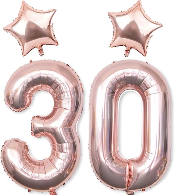 40In Giant Digital Number 30 Balloon Rose Gold + 2Pack 18In Star Balloons Rose Gold, 30th Birthday Decorations for Men and Women, 30th Anniversary Day Decorations