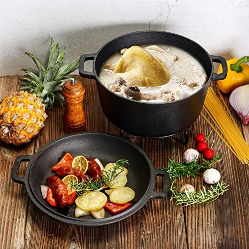 Velaze Dutch Oven Pre-Seasoned Cast Iron Camping Casserole Pot 5QT with Dual Function Skillet Lid for frying, baking, Roasting, Braising BBQ Suitable for All hob Types