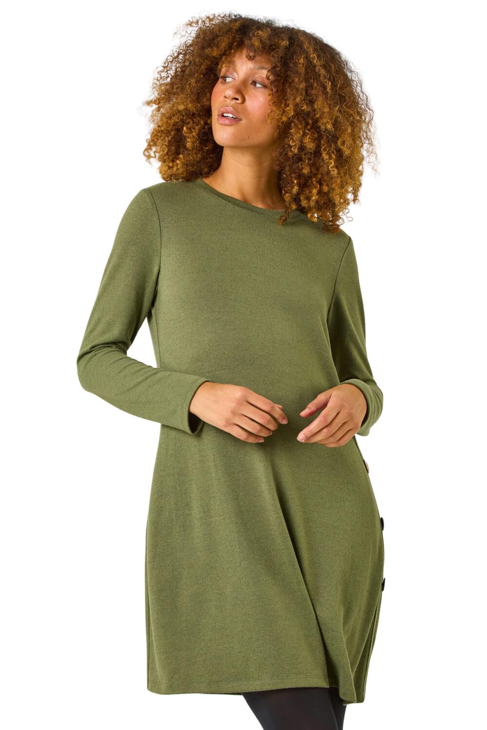 Roman Originals Tunic Dress with Pockets for Women UK Ladies Swing Fit & Flare Skater Slouch Stretchy Casual Smart Winter Jersey Pull On Work Office 3/4 Long Sleeves - Plain Green - Size 14