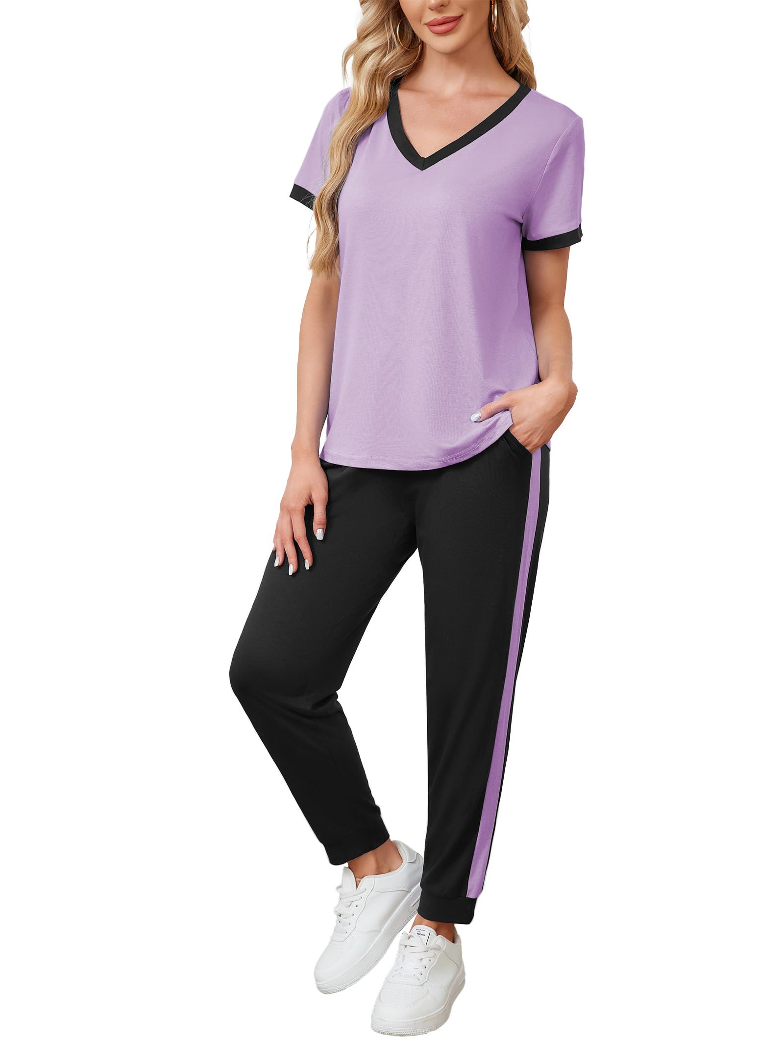 Famulily Survêtement d'été 2 pièces à col en V pour femme avec haut à manches courtes et pantalon de jogging à rayures, tailles S à XXL