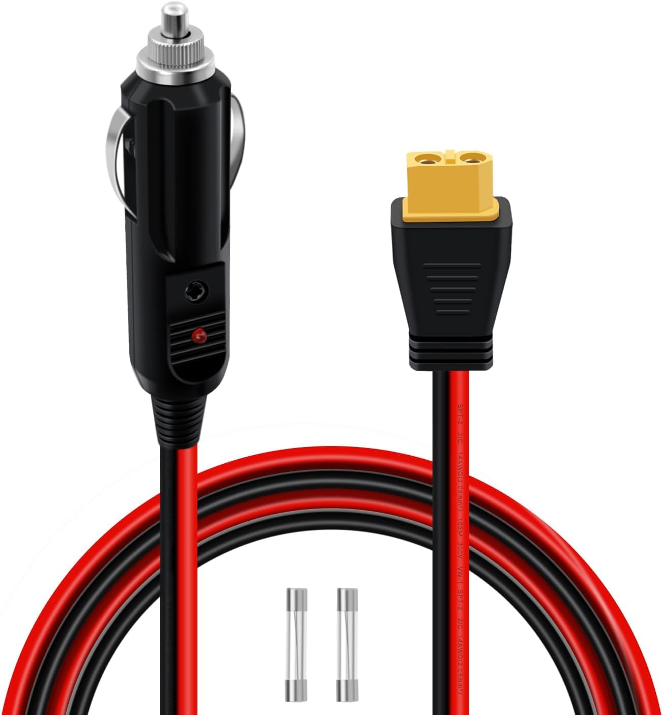 XT60 Female to Cigarette Lighter Male Extension with LED 14AWG 12V 24V Cigarette Lighter to XT60 Adapter Extension Cable 20A with 2 Spare Fuses for Solar Panel, Solar Generator (Male, 3 m)