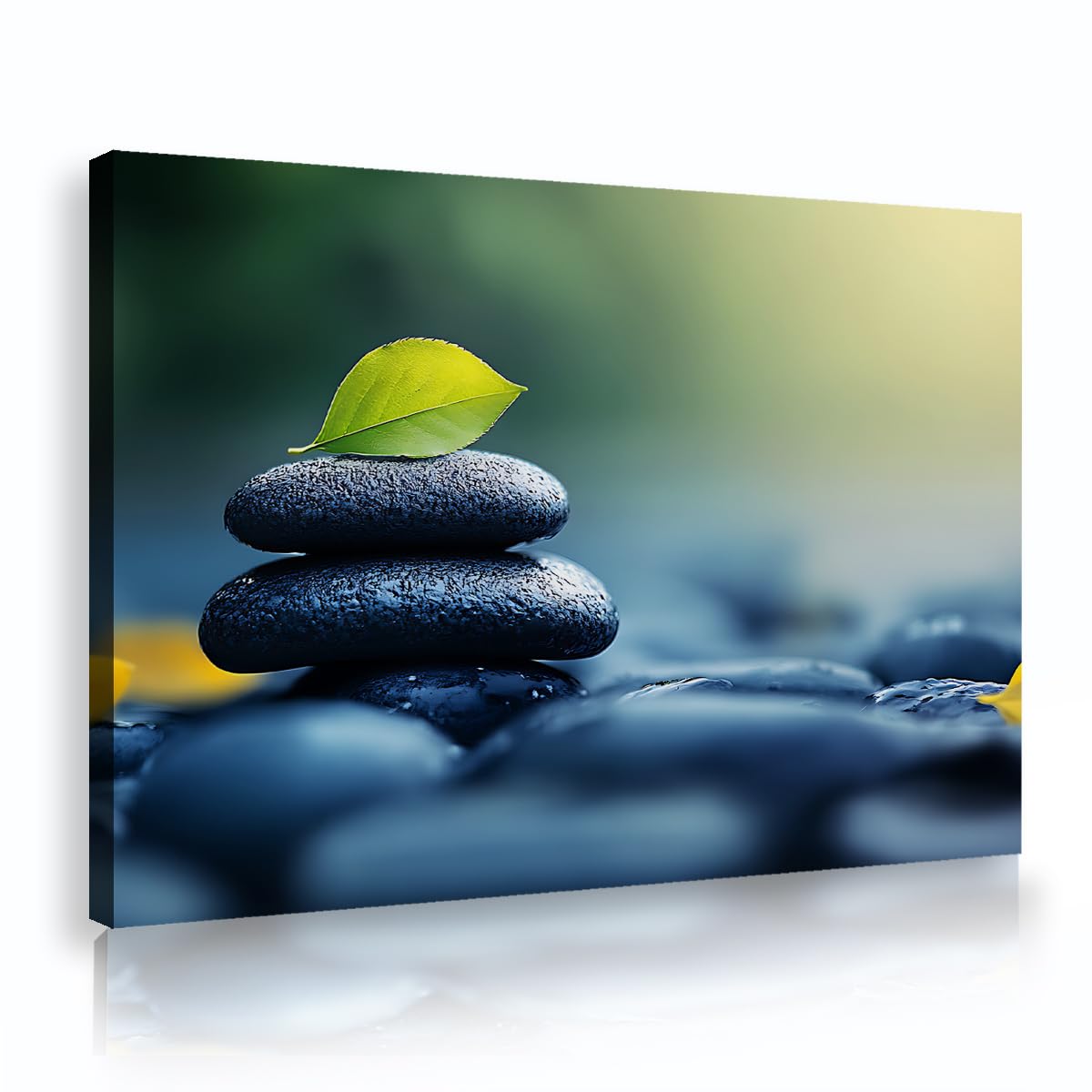 Via Vela Modern Minimalist Zen Framed Wall Art, Stacked Black Stones Canvas Picture, Fresh Botanical Landscape Painting, Relaxing Spa Bathroom Artwork 70x110cm