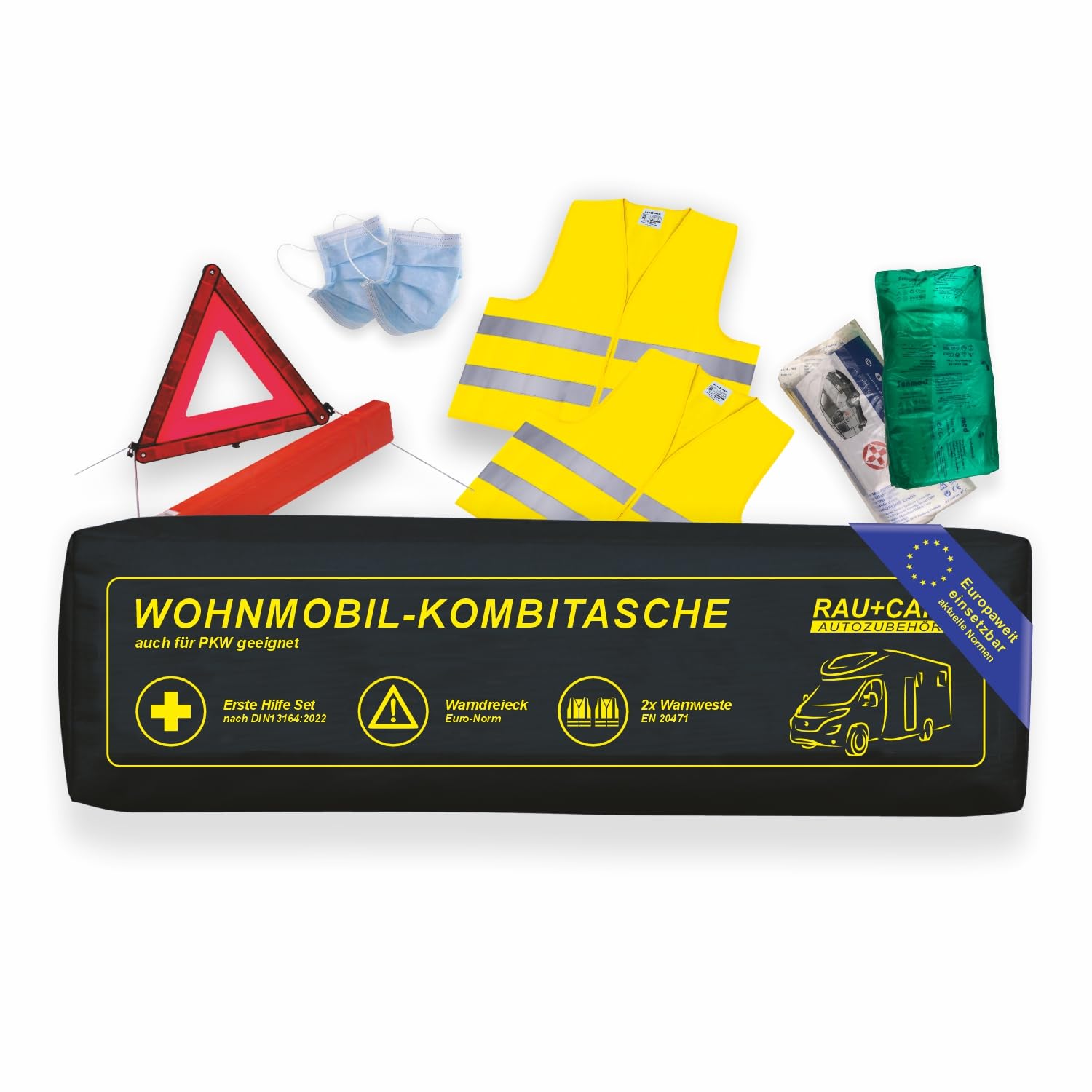 QUATTRO Kombitasche schwarz (4 in 1) aktuell 2026 – Alles inklusive : Warndreieck + 2 Warnwesten + Verbandtasche DIN 13164 – geprüft StVO konform - Europaweit einsetzbar – Pannenset - Notfallset