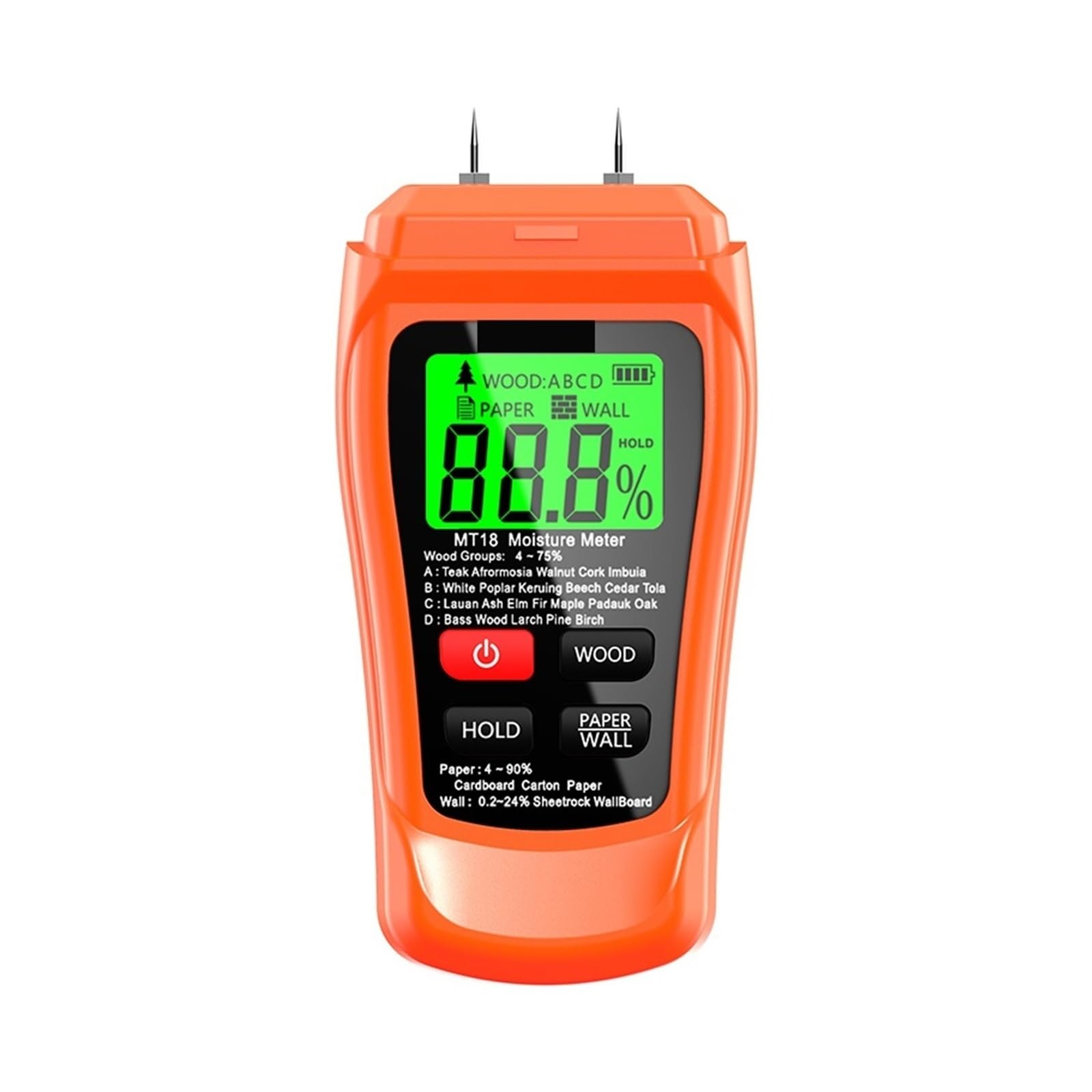 Medidor de humedad, Medidor de humedad madera digital MT-18 gris 0 a 99,9% con dos clavijas, comprobador papel, higrómetro pared, detector Para jardinería y agricultura(Grey with battery)