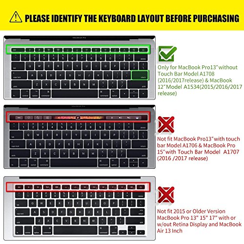 VFENG Premium Keyboard Cover Skin with MAC OS Shortcut Hot Keys for 2016-2019 MacBook Pro 13 Inch Without Touch Bar(Model: A1708) and 2015-2017 MacBook 12 Inch (Model: A1534), US Version