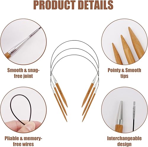 Miniatura 4 de Holamulta Juego de agujas de tejer circulares intercambiables de bambú 8 tamaños