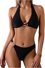 SOLY HUX Women's Halter Bikini Set V Neck Ring Linked Bathing Suit Summer Beach Two Piece Swimsuit