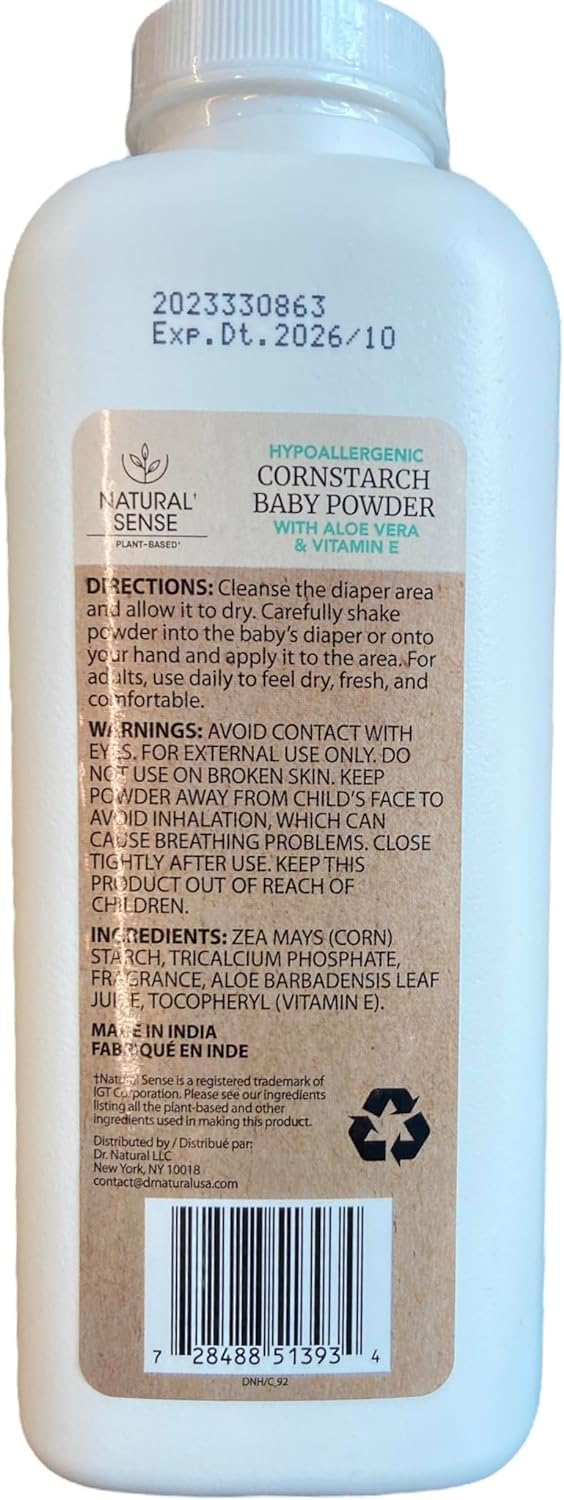 Natural Sense Plant-Based Hypoallergenic Cornstarch Baby Powder with Aloe Vera & Vitamin E, 9oz
