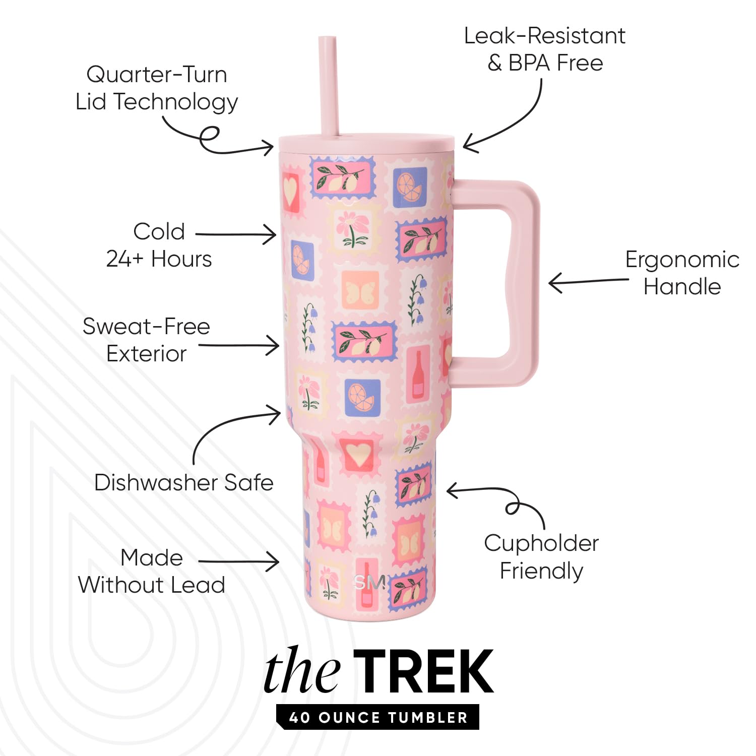 Simple Modern 40 oz Trek Tumbler with Handle and Straw Lid | Cup Holder Friendly Insulated Stainless Steel Travel Mug | 80s Mix: Simple Modern Mother's Day 40 oz Trek Tumbler with Handle and Straw Lid | Cup Holder Friendly Insulated Stainless Steel Travel Mug | Stamps