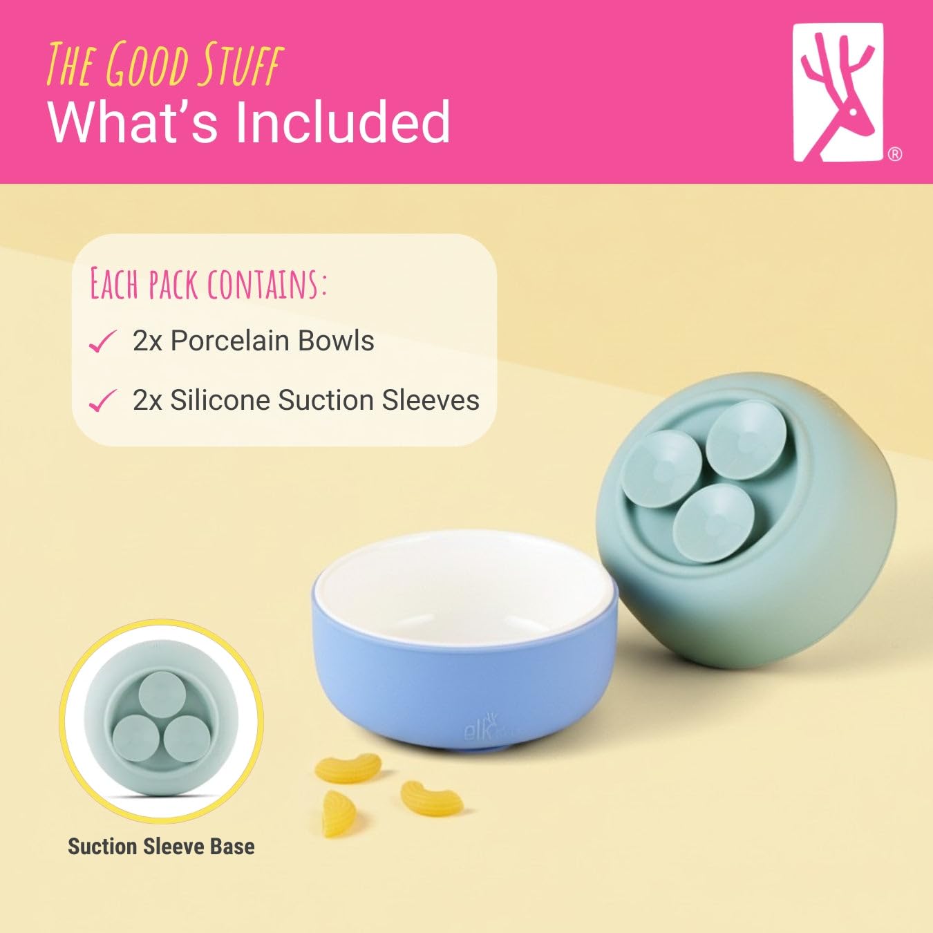 Elk and Friends Ciotole In Porcellana Per Bambini Con Manicotto Di Aspirazione In Silicone Per Bambini Piccoli, Per L'Alimentazione Dei Neonati, Adatte Al Microonde E Alla Lavastoviglie, Antiscivolo,