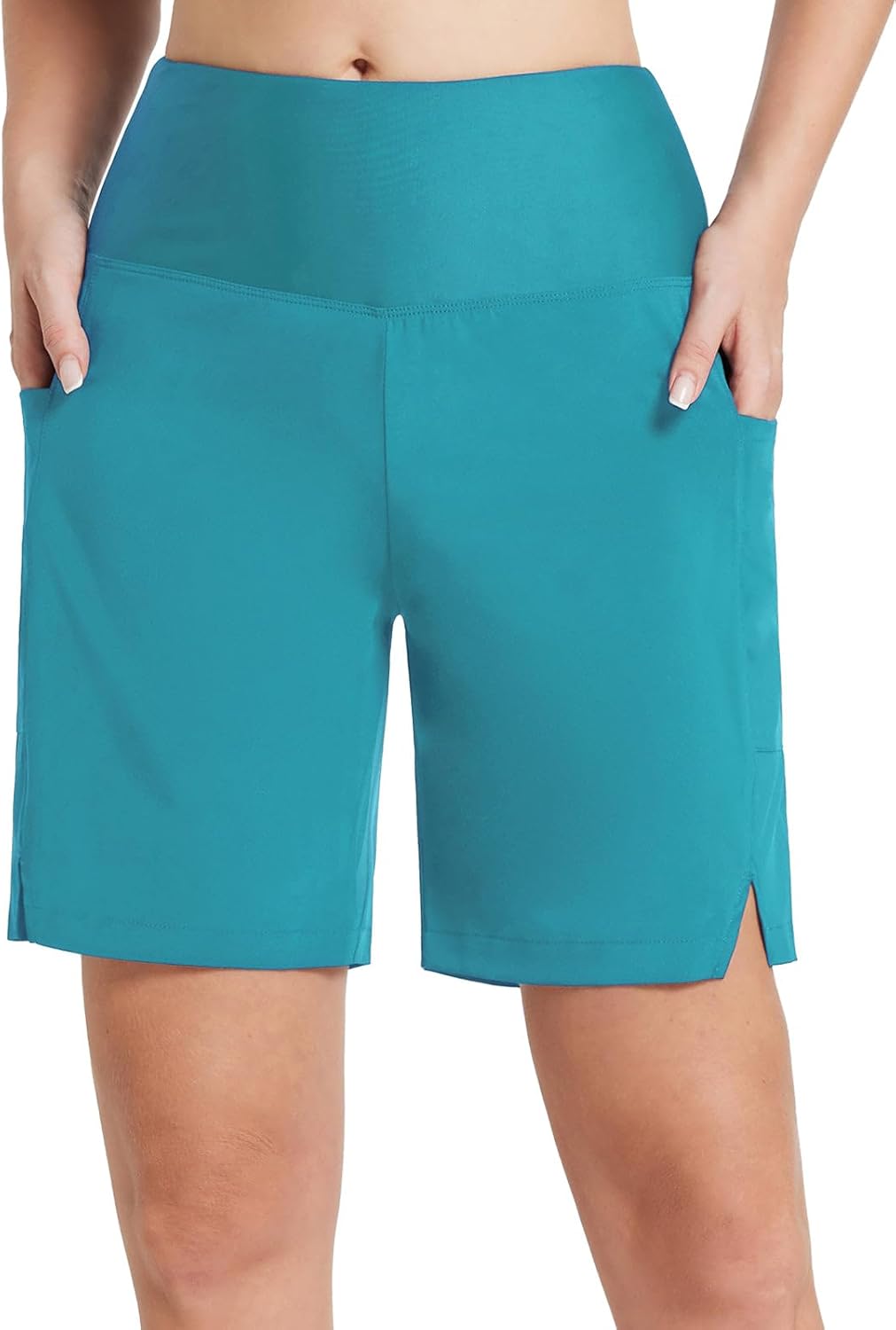 baleaf Women's Swim Shorts Long 7" High Waisted Board Shorts Knee Length Beach Shorts for Women Swimsuits Aqua Blue XS