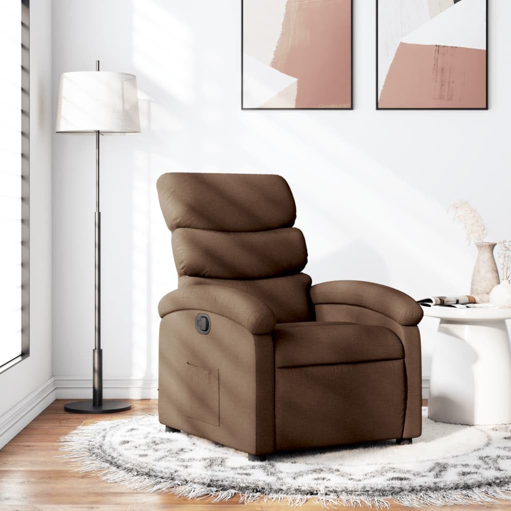 Fotel relaksacyjny z brązowego materiału z ręczną funkcją leżenia, regulowany do 135 stopni, ergonomiczny fotel telewizyjny z tapicerką, drewniana rama metalowa, wygodne krzesło do salonu