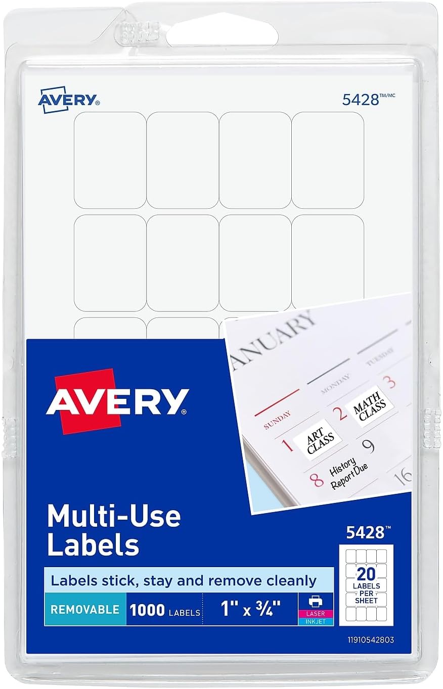 Avery 05428 Removable Multi-Use Labels, 1 x 3/4, White, 1000/Pack