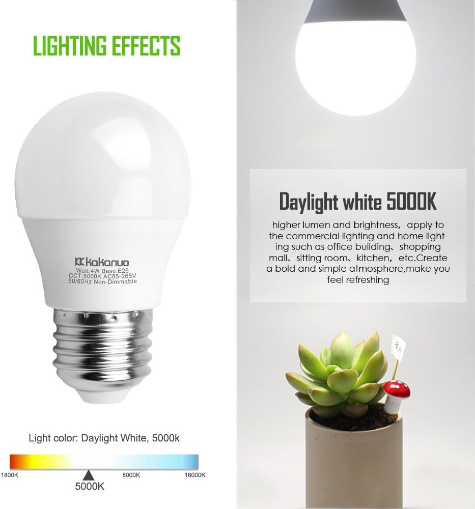 Kakanuo A15 LED Bulb 40Watts Incandescent Bulb Equivalent, G45 Medium Base E26 LED Light Bulbs, Daylight White 5000K 400Lumens Non Dimmable Appliance Light Bulb for Home Lighting Decorative(6 Pack)